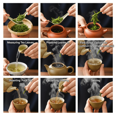 Step-by-step visual depiction showing the preparation process for Vietnamese Green Tea, within the taxonomy teas