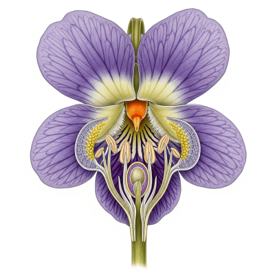 Cross-sectional illustration of a Violet (flowers), showing internal parts such as stem, petals, and reproductive organs