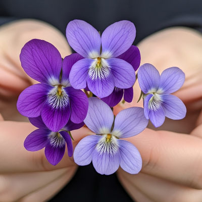 Photograph of a Violet (flowers) being held or interacted with by a person in a gentle way