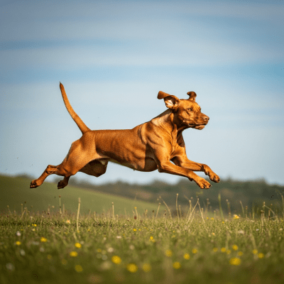 Full body action shot of a Vizsla