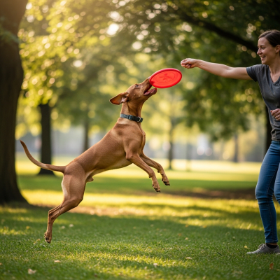 Image of a Vizsla interacting with humans in a typical cultural or domestic setting