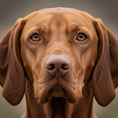 Close-up photograph of the face of a Vizsla