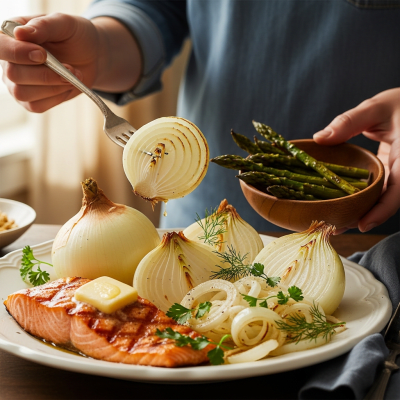 A cultural representation of a Walla Walla onion (onions) featured in a traditional dish or meal setting