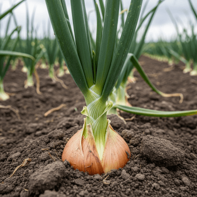 A photograph of a Walla Walla onion (onions) in its natural environment or growing in soil