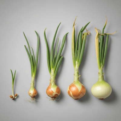 An image showing multiple stages of growth for a single type of Walla Walla onion (onions), from seedling to mature bulb