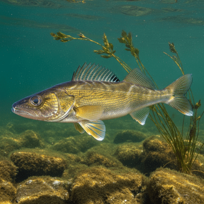 Underwater scene featuring a single Walleye