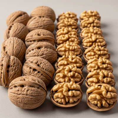 Image of a handful of unshelled and shelled Walnut (nuts), side by side