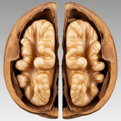 Macro close-up image showing the interior cross-section of a Walnut (nuts)