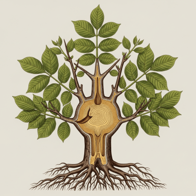 Detailed botanical illustration of the internal structure of a Walnut