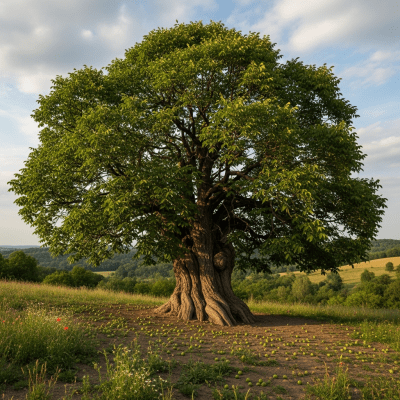 A realistic depiction of a mature Walnut (trees) in its typical natural environment
