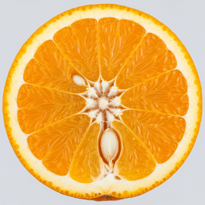 A detailed close-up cross-sectional image of a Washington Navel Orange from the oranges taxonomy, sliced cleanly in half to reveal the interior segments, pulp, and rind structure