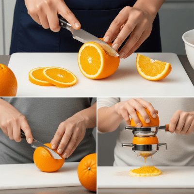 A realistic depiction of a Washington Navel Orange from the oranges taxonomy being used in a culinary context, such as being sliced on a cutting board or prepared for juice