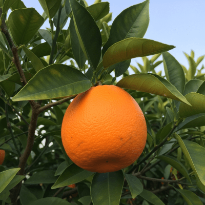 A naturalistic scene featuring a Washington Navel Orange from the oranges taxonomy growing on a tree with leaves and branches visible