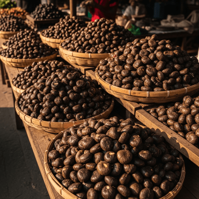 Photo showing harvested Water caltrop (nuts) nuts in bulk, such as in baskets or containers