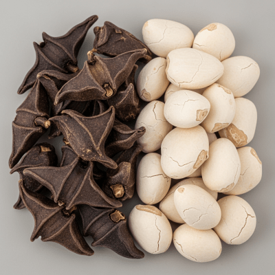 Image of a handful of unshelled and shelled Water caltrop (nuts), side by side