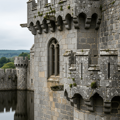 A close-up image focusing on unique architectural details of a Water Castle, from the castles taxonomy