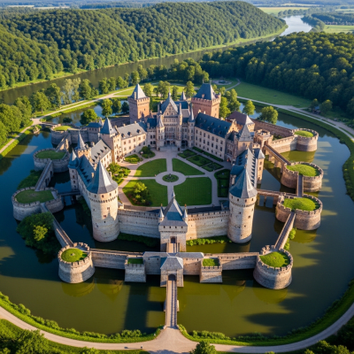 A bird's-eye view rendering of a Water Castle, classified in the castles taxonomy