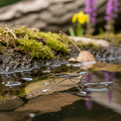 Detailed image showing a Water Strider in its natural environment