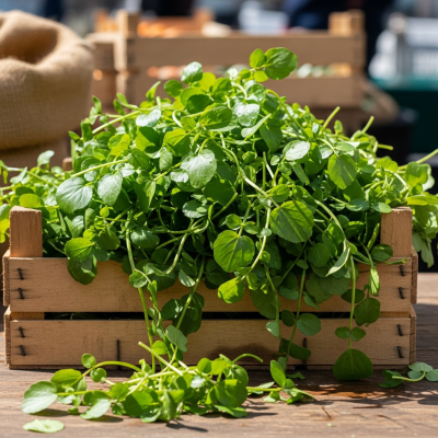 Image showing freshly harvested Watercress, displayed in a farmer's market basket or crate