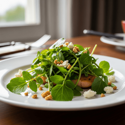 Photograph of a prepared dish or serving featuring the Watercress, as commonly used in cuisine within the taxonomy vegetables