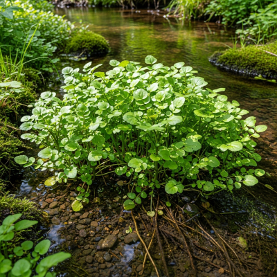 Naturalistic image of a Watercress in its typical growing environment, as found in nature or a cultivated garden