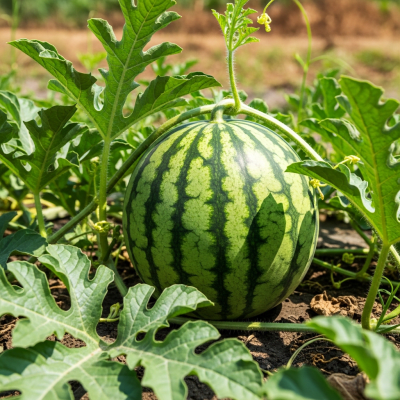 A photograph of a fresh Watermelon from the fruits taxonomy as it appears in its natural growing environment, such as on a tree, bush, or vine