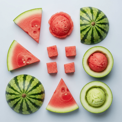 An overhead view photograph of several pieces of the Watermelon, from the fruits taxonomy, arranged aesthetically on a plain background