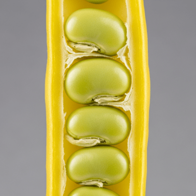 A cross-sectional view of a single Wax Bean (beans), sliced cleanly to reveal its internal structure and composition