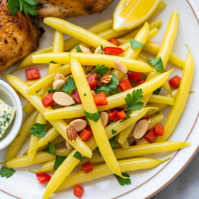 Image of cooked Wax Bean (beans) presented as part of a traditional dish or cuisine, plated attractively and photographed from above