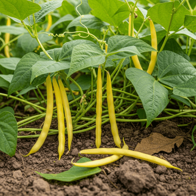 An image of Wax Bean, belonging to the taxonomy beans, displayed in its natural environment—such as growing on a plant or vine, surrounded by leaves and soil
