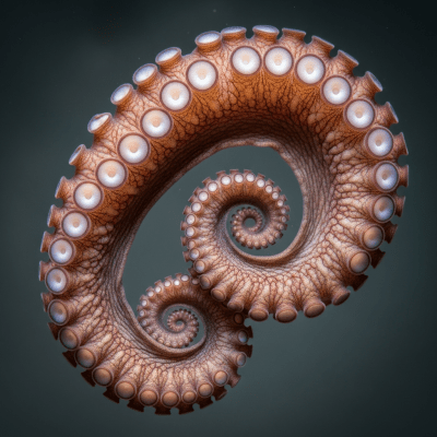 Naturalistic close-up photograph of a single arm of a Webbed Octopus, focusing on the suckers, skin texture, and coloration details
