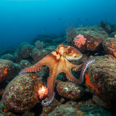 A realistic underwater scene featuring a Webbed Octopus of the taxonomy octopuses in its natural marine environment