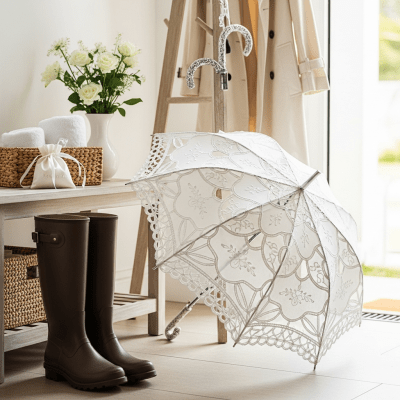 Image of a Wedding Umbrella displayed alongside typical items it is paired with (e