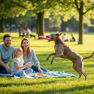Image of a Weimaraner interacting with humans in a typical cultural or domestic setting