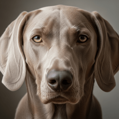 Close-up photograph of the face of a Weimaraner