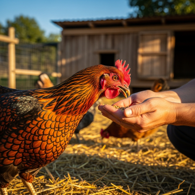 Photograph of a Welsummer from the chicken taxonomy interacting with humans in a typical farm setting
