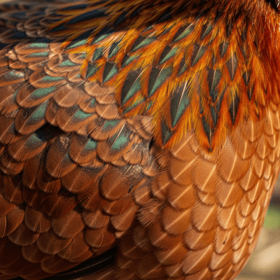 Close-up macro photograph highlighting the feather texture and coloration of a Welsummer from the chicken taxonomy