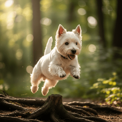 Full body action shot of a West Highland White Terrier