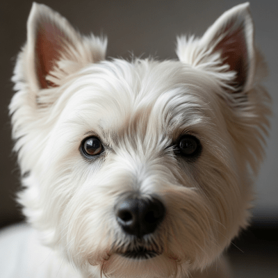 Close-up photograph of the face of a West Highland White Terrier