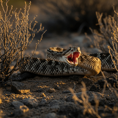 A dynamic action shot of a Western Diamondback Rattlesnake, part of the taxonomy reptiles, in motion such as climbing, swimming, basking, or hunting in its environment
