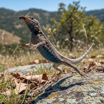 A dynamic action scene featuring a single Western Fence Lizard (lizards) running, climbing, or catching prey in its typical environment