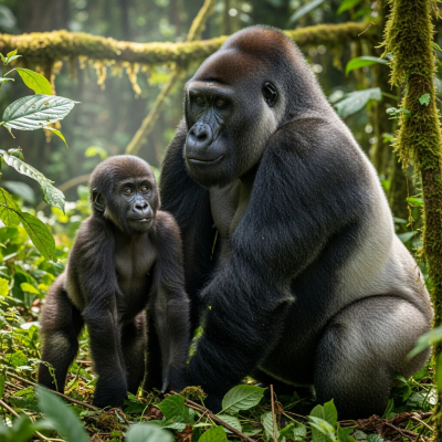 Photograph of a juvenile Western gorilla (apes) alongside an adult in their environment