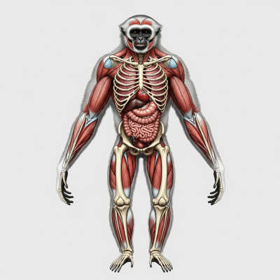 Detailed anatomical illustration of a Western hoolock gibbon, part of the taxonomy apes