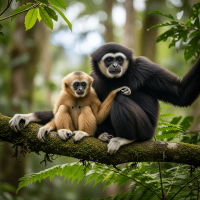 Photograph of a juvenile Western hoolock gibbon (apes) alongside an adult in their environment