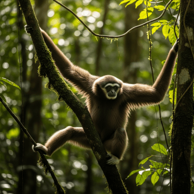 Photograph of a Western hoolock gibbon (apes) in its natural habitat