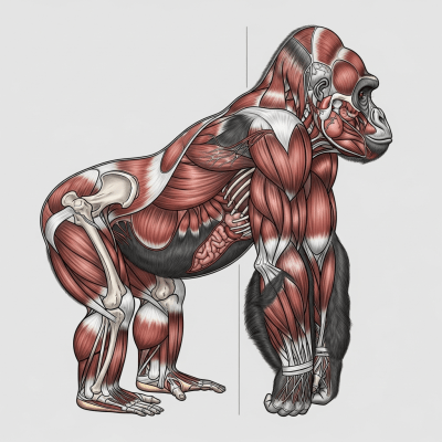 Detailed anatomical illustration of a Western lowland gorilla (subspecies), part of the taxonomy apes