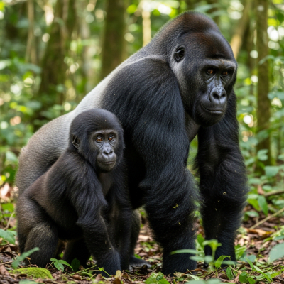 Photograph of a juvenile Western lowland gorilla (subspecies) (apes) alongside an adult in their environment