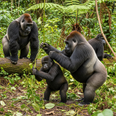 Image showing a group of Western lowland gorilla (subspecies) (apes) engaging in typical social behavior