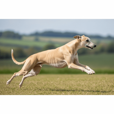 Full body action shot of a Whippet