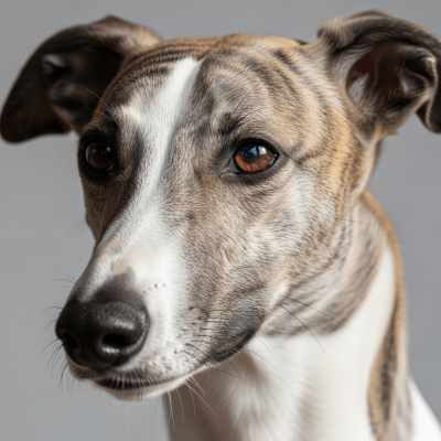 Close-up photograph of the face of a Whippet